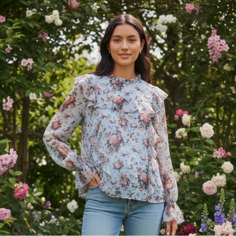 Rachel Parcell Blue & Pink Floral Blouse Women LS Lined Size L EUC Coquette Chic